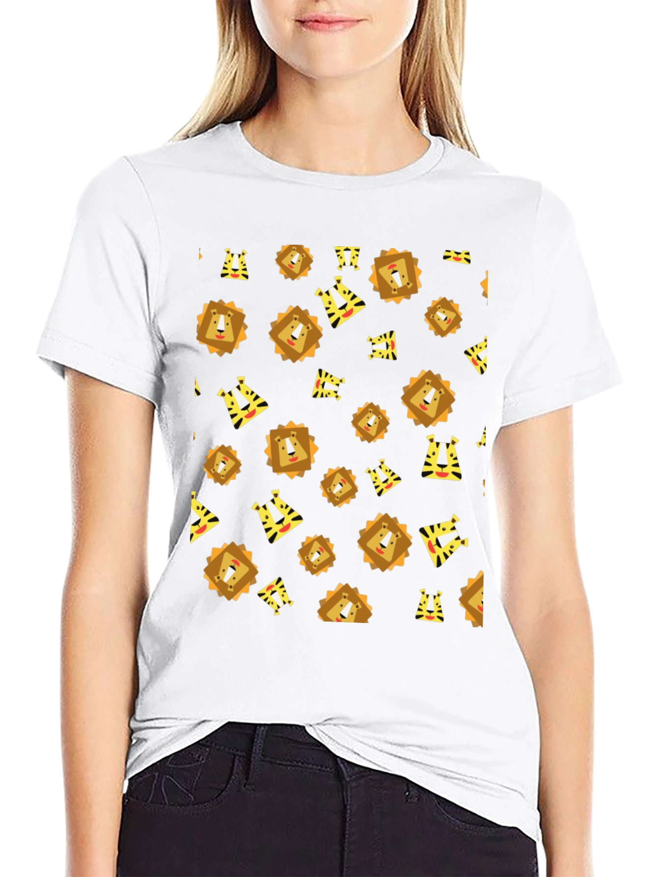 Lion and Tiger Pattern Black T-Shirt