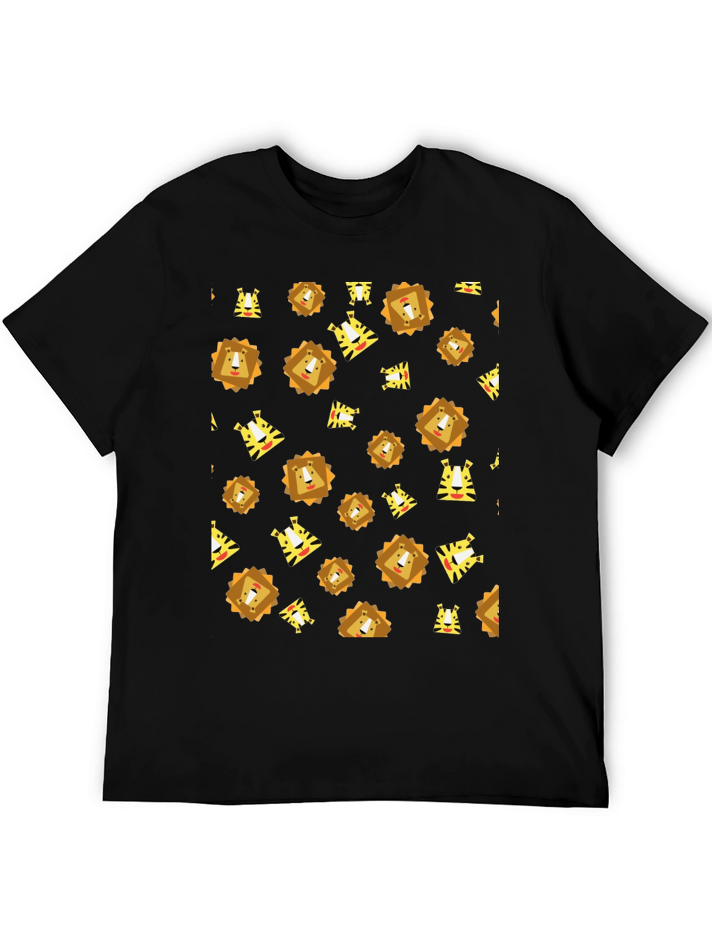 Lion and Tiger Pattern Black T-Shirt