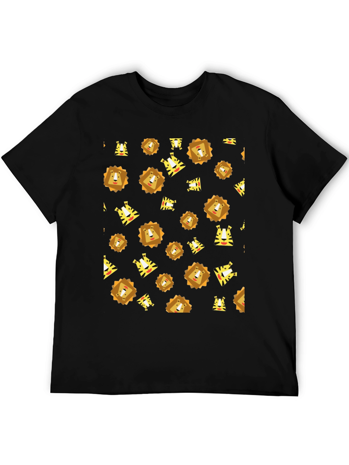 Lion and Tiger Pattern Black T-Shirt