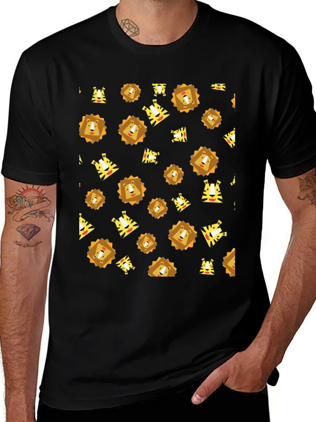Lion and Tiger Pattern Black T-Shirt
