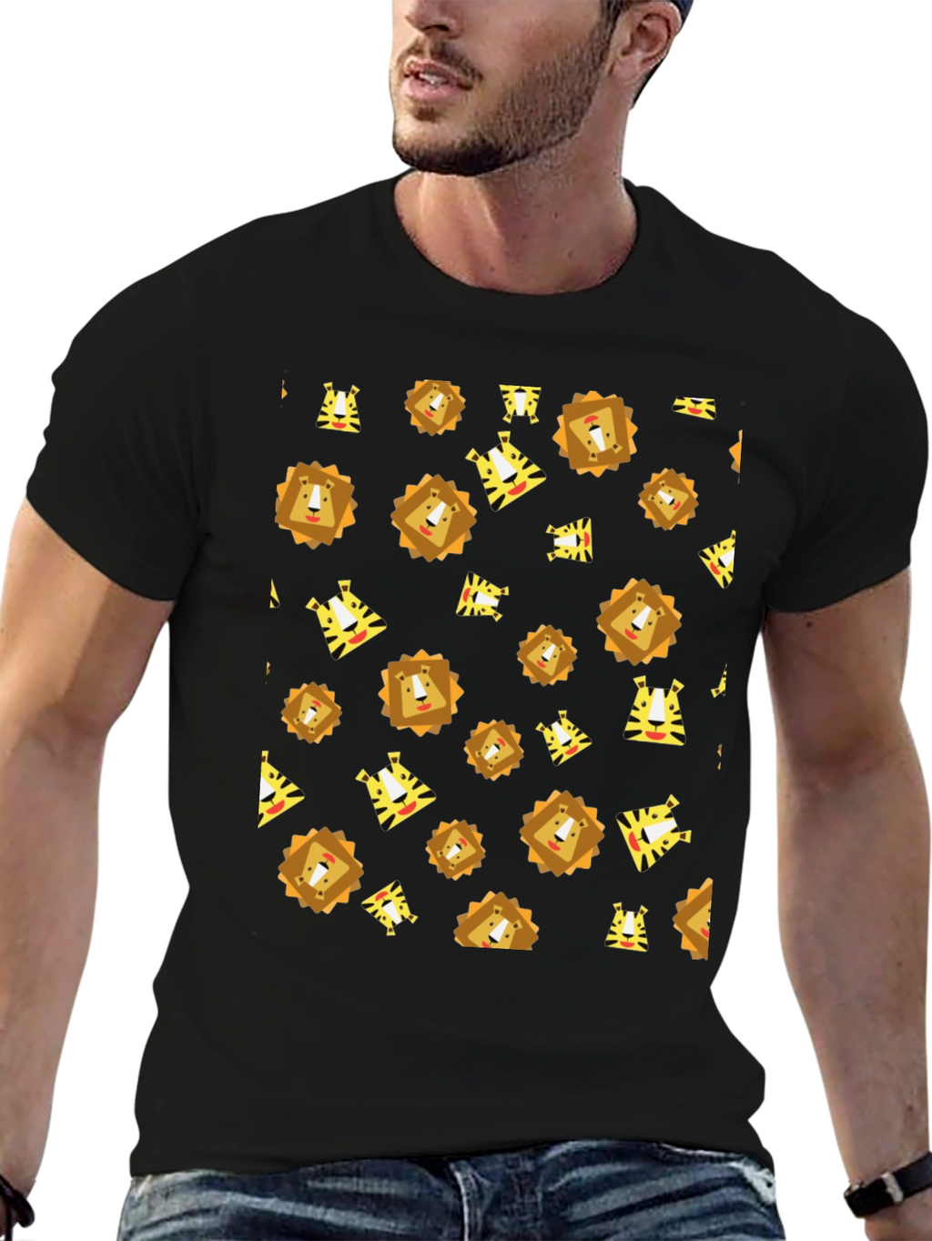 Lion and Tiger Pattern Black T-Shirt