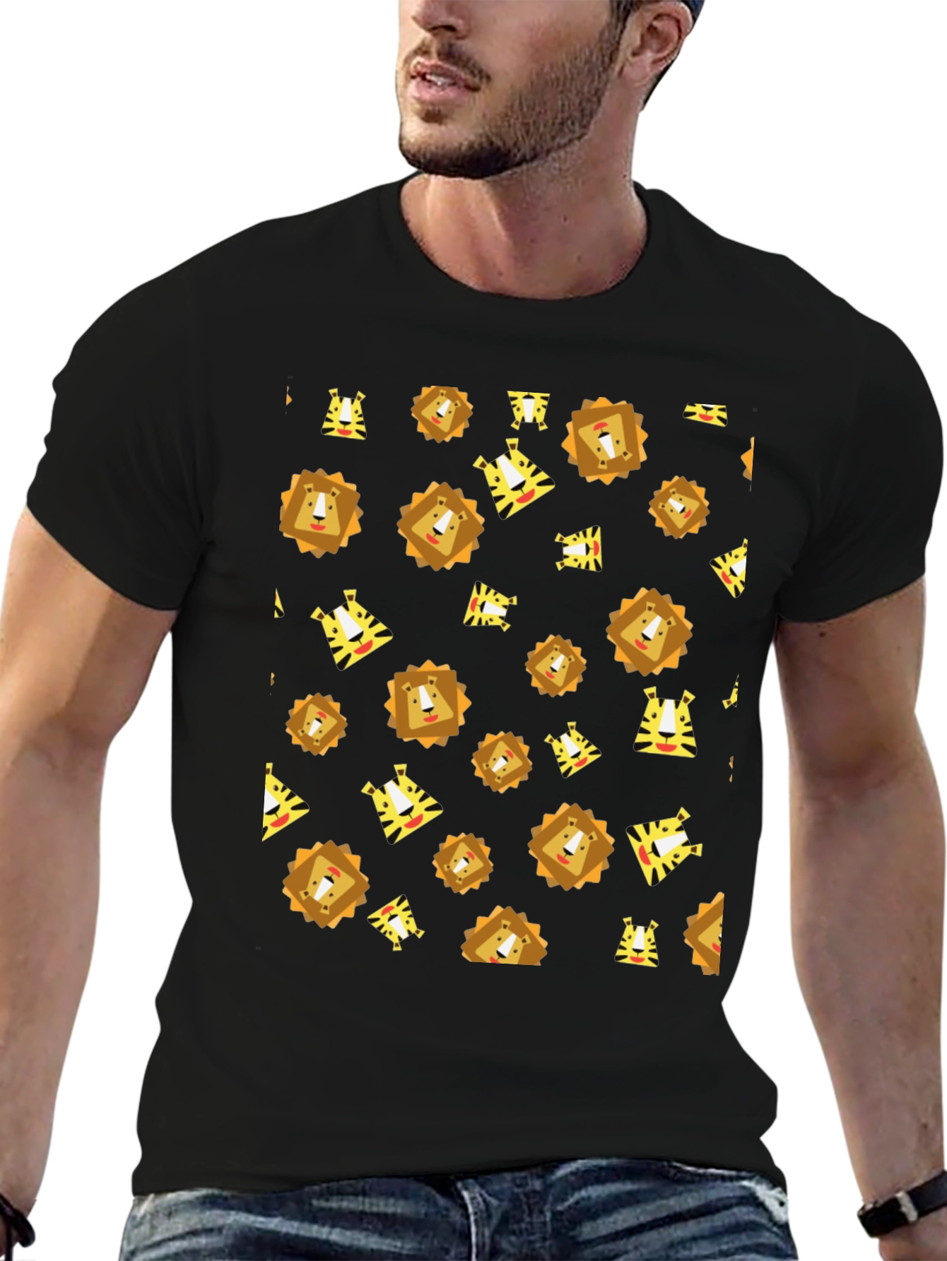 Lion and Tiger Pattern Black T-Shirt