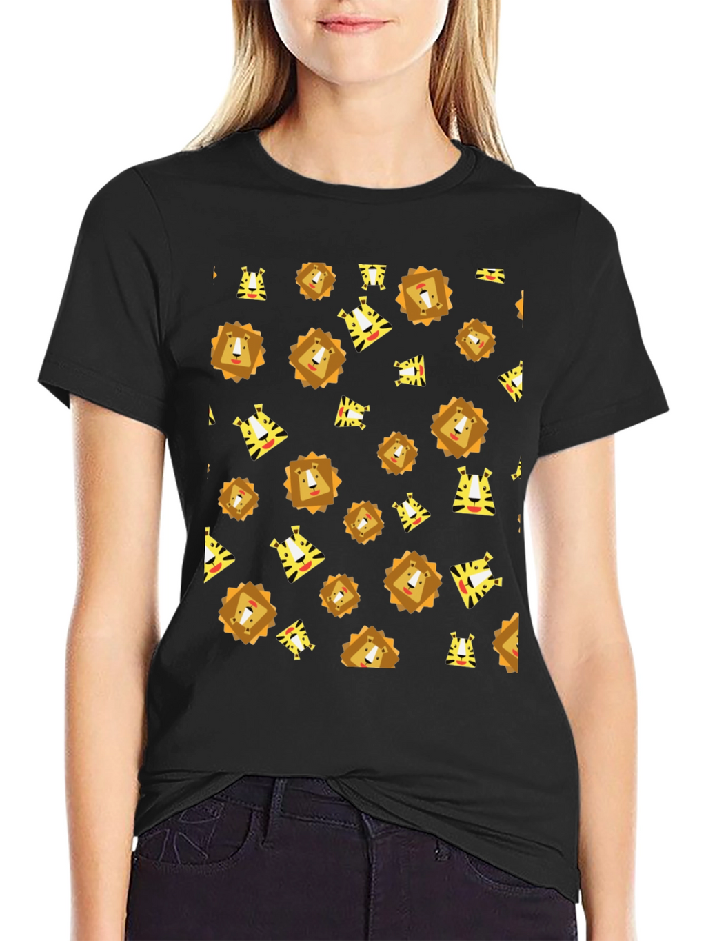 Lion and Tiger Pattern Black T-Shirt