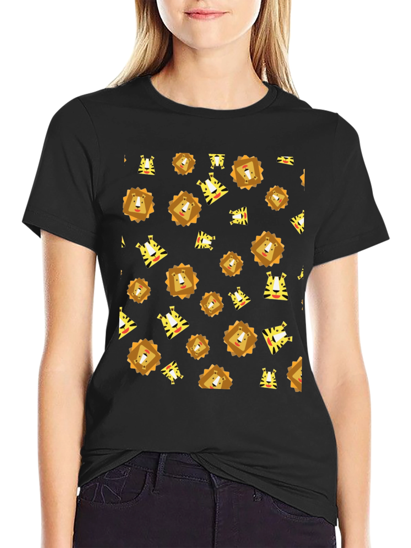 Lion and Tiger Pattern Black T-Shirt