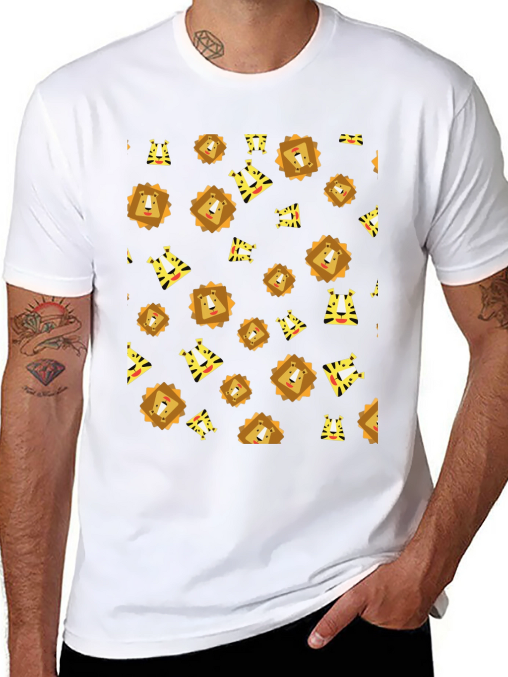Lion and Tiger Pattern Black T-Shirt