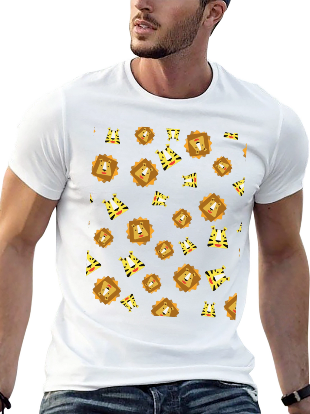 Lion and Tiger Pattern Black T-Shirt
