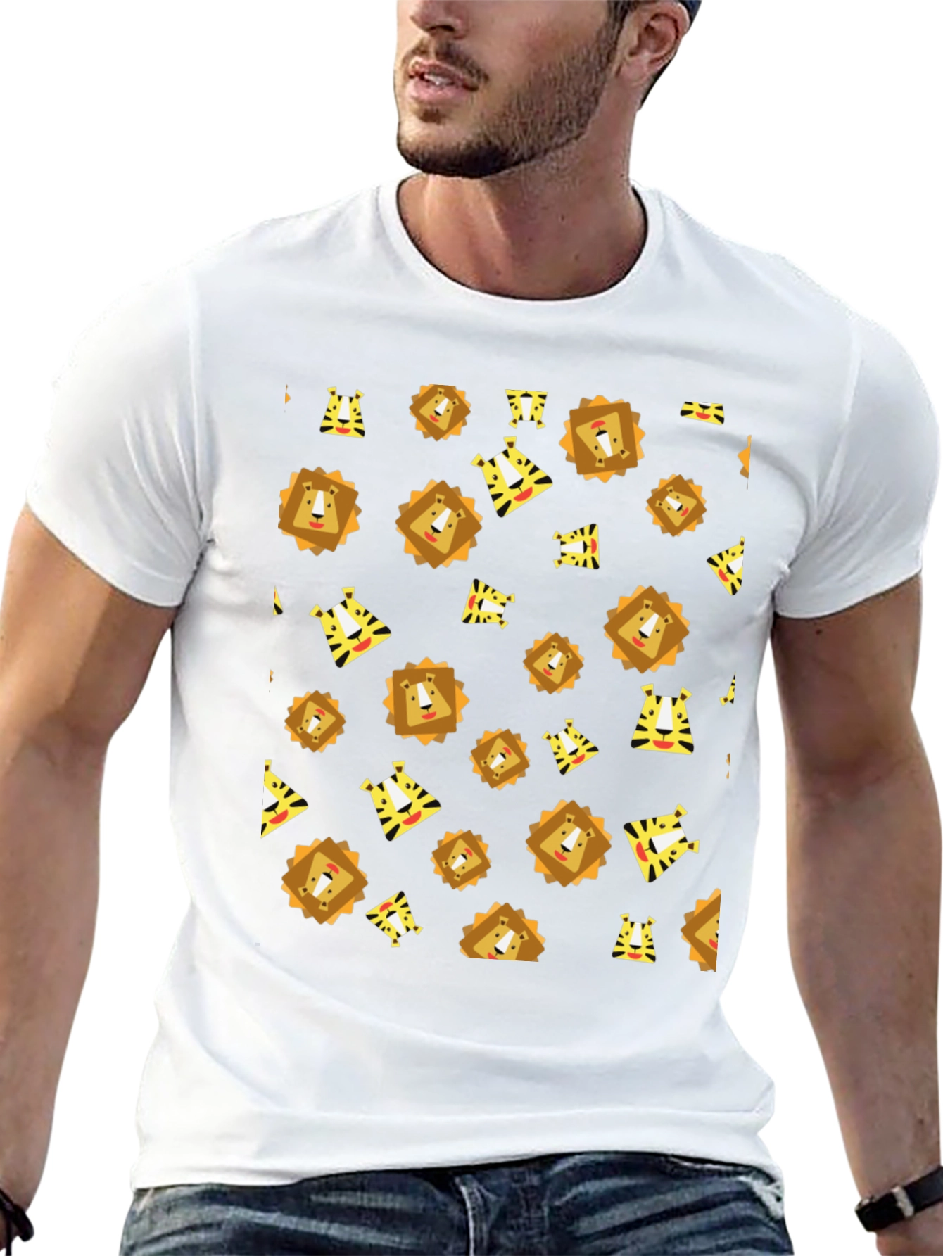 Lion and Tiger Pattern Black T-Shirt