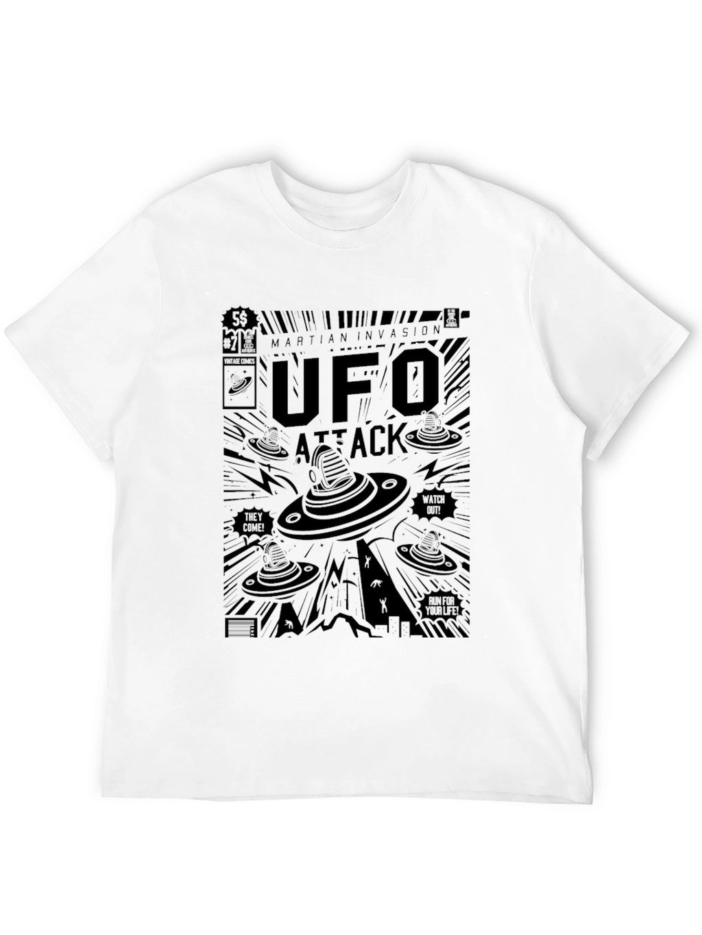 UFO Attack Graphic T-Shirt - Martian Invasion Comic Style