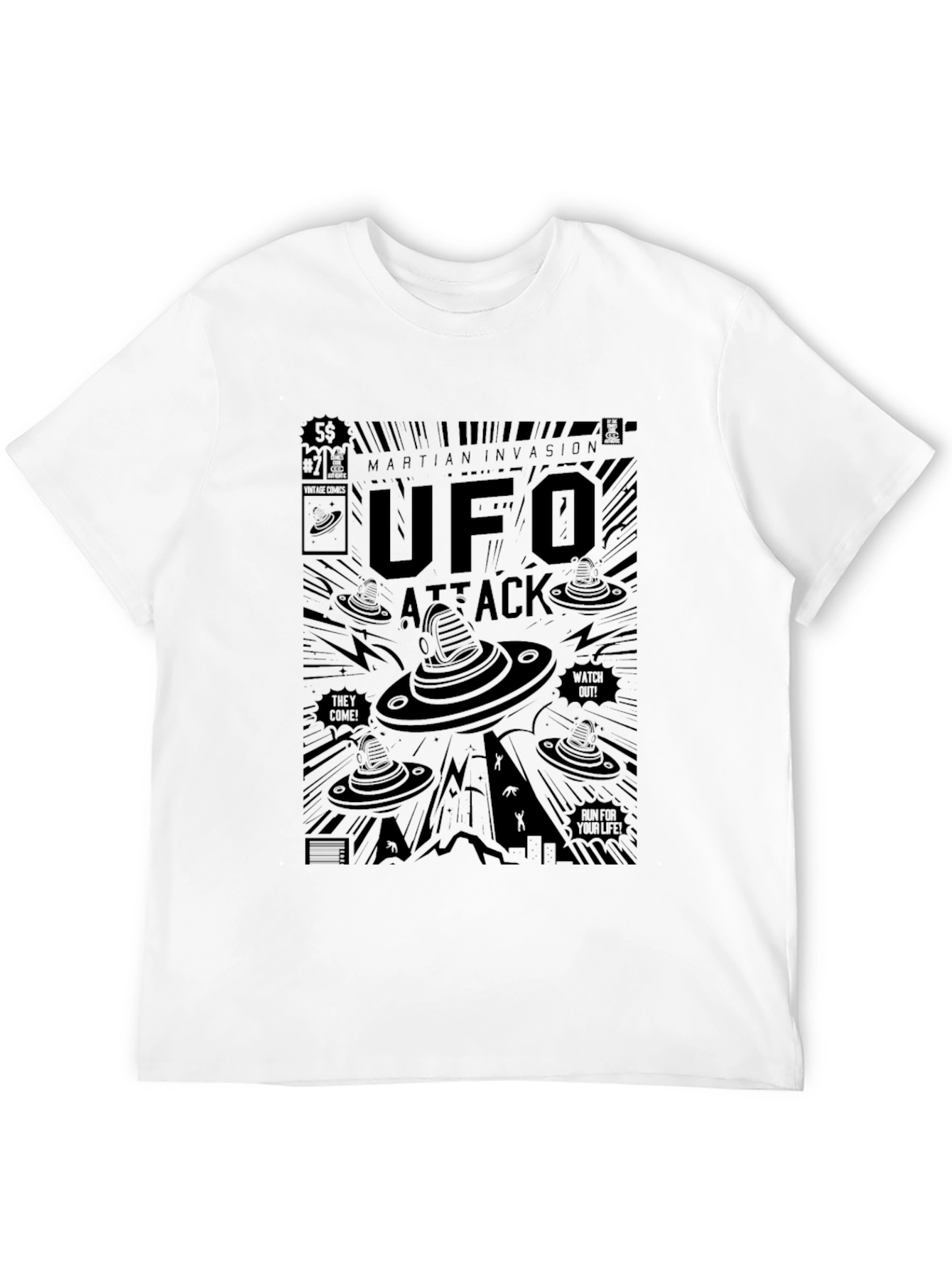 UFO Attack Graphic T-Shirt - Martian Invasion Comic Style