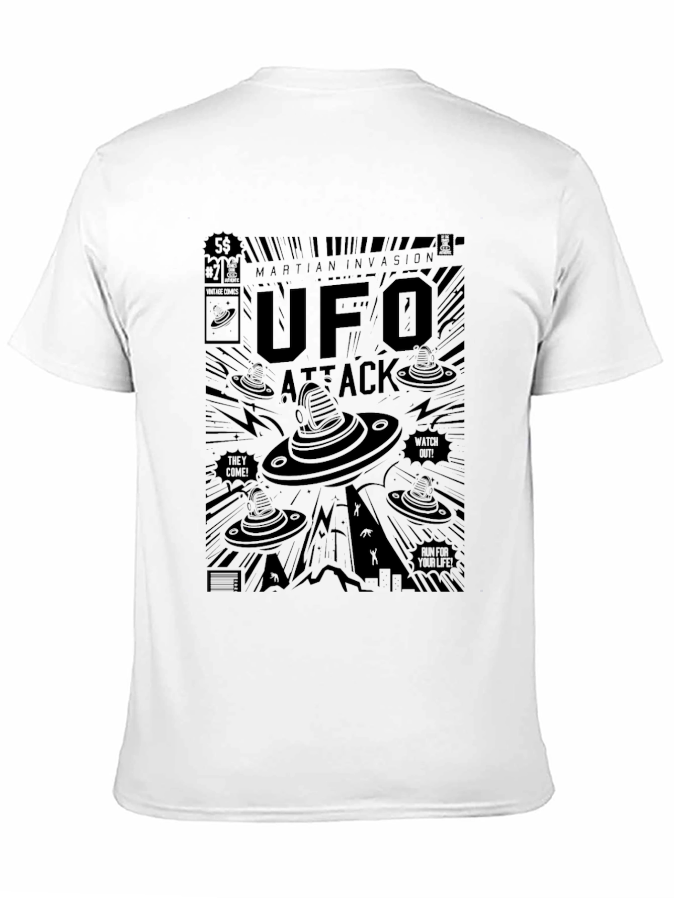UFO Attack Graphic T-Shirt - Martian Invasion Comic Style