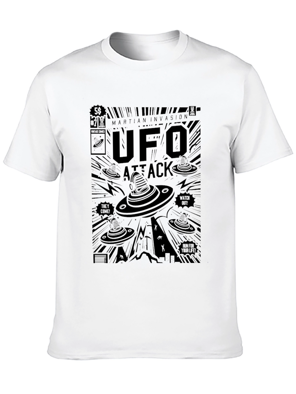UFO Attack Graphic T-Shirt - Martian Invasion Comic Style