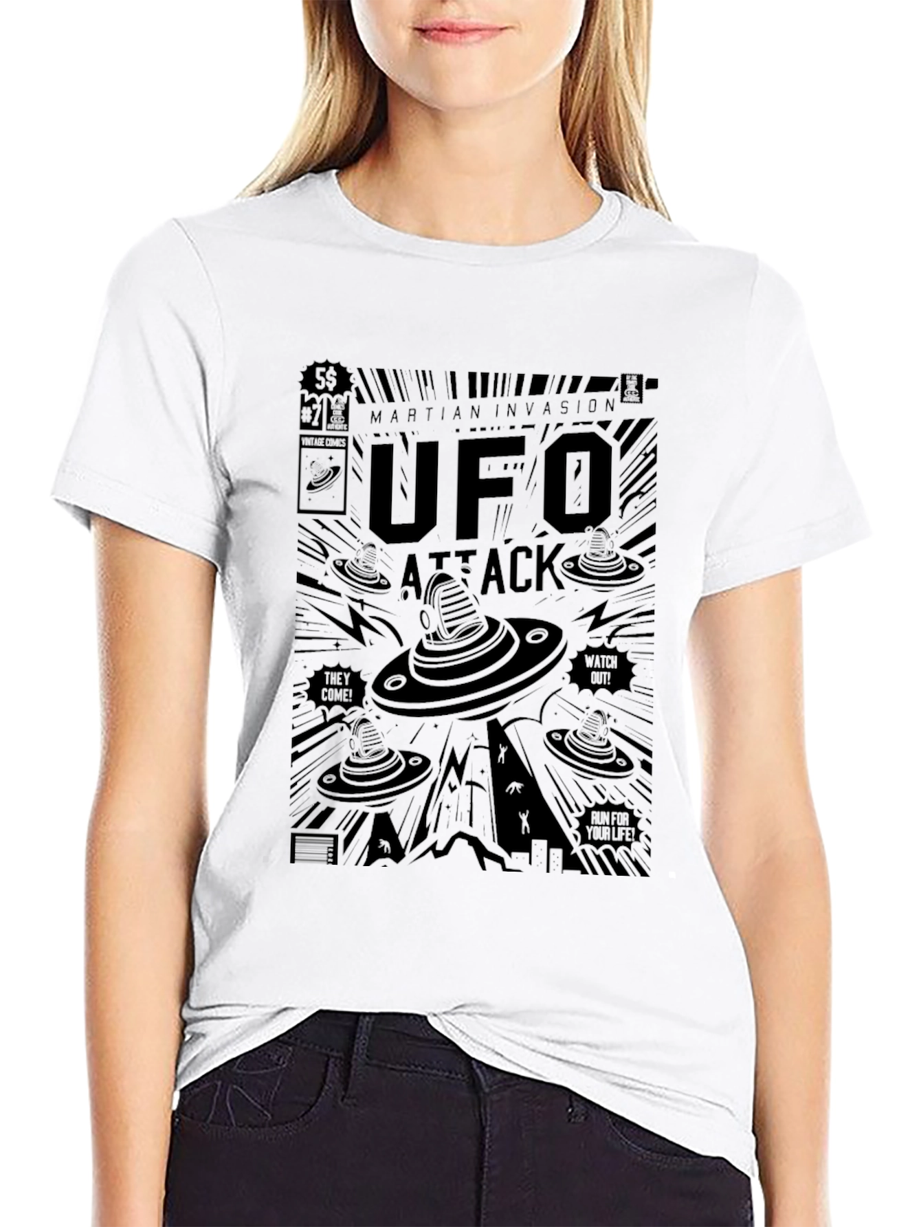 UFO Attack Graphic T-Shirt - Martian Invasion Comic Style