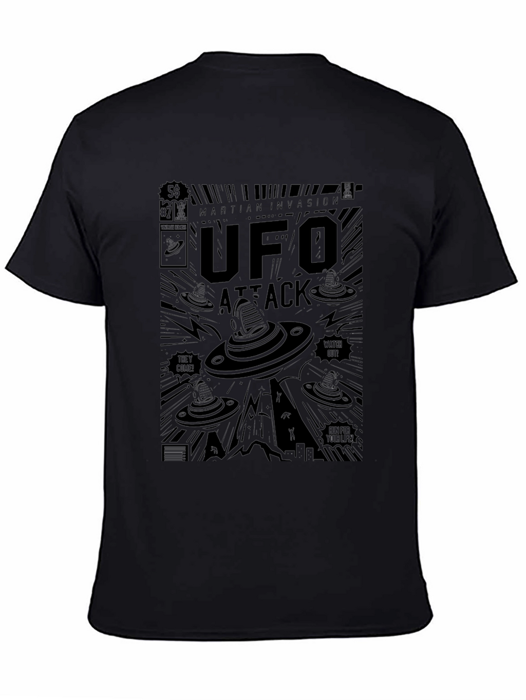 UFO Attack Graphic T-Shirt - Martian Invasion Comic Style