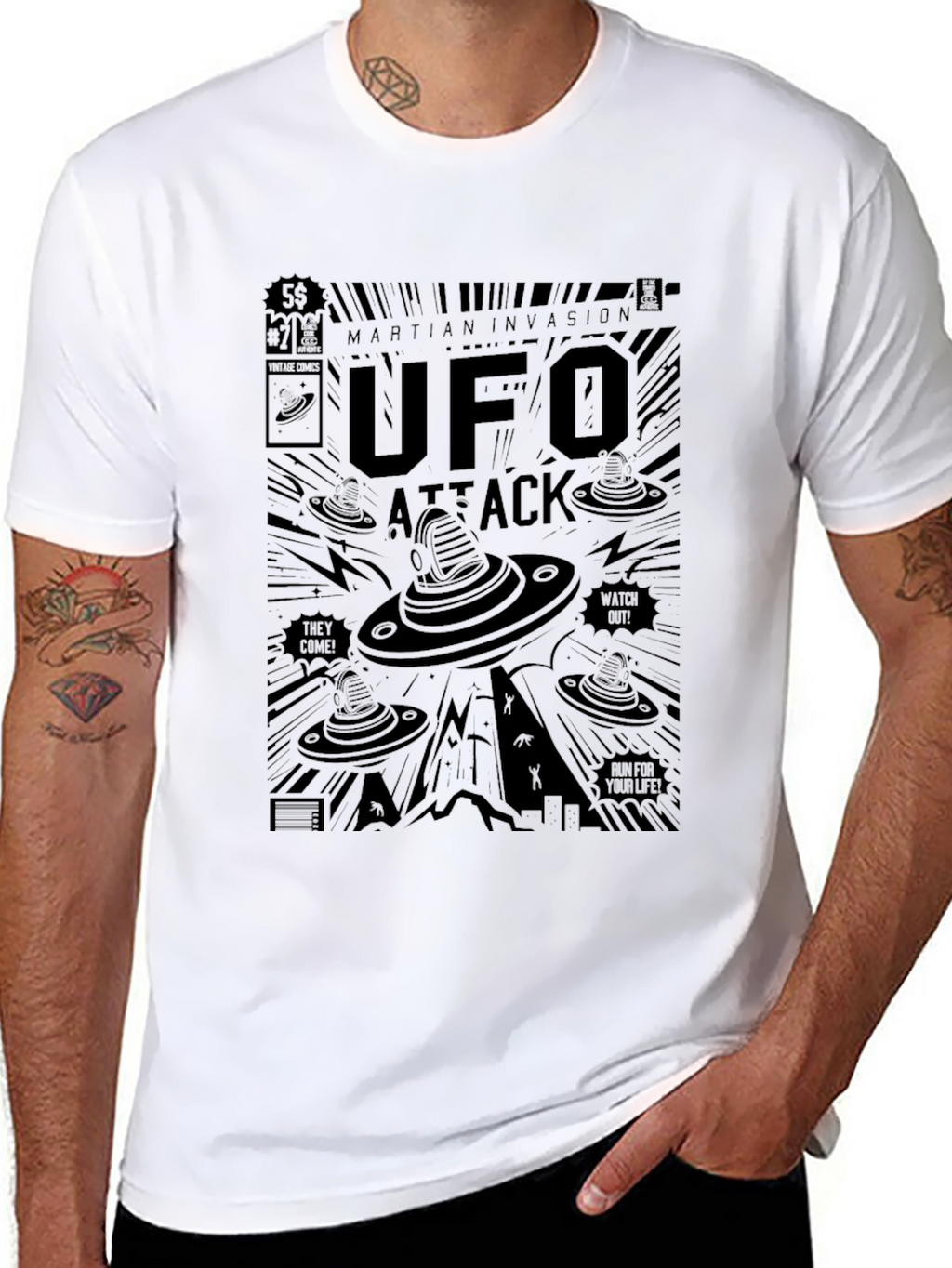 UFO Attack Graphic T-Shirt - Martian Invasion Comic Style
