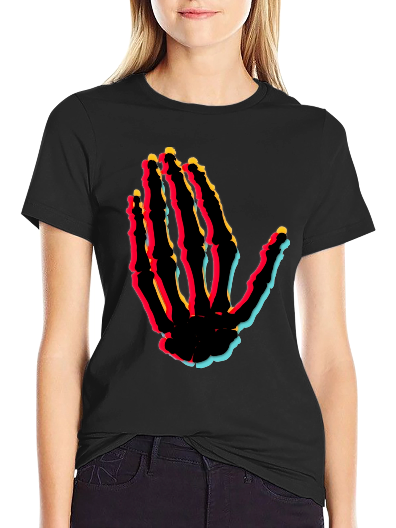 Retro Skeleton Hand Graphic Tee - Black