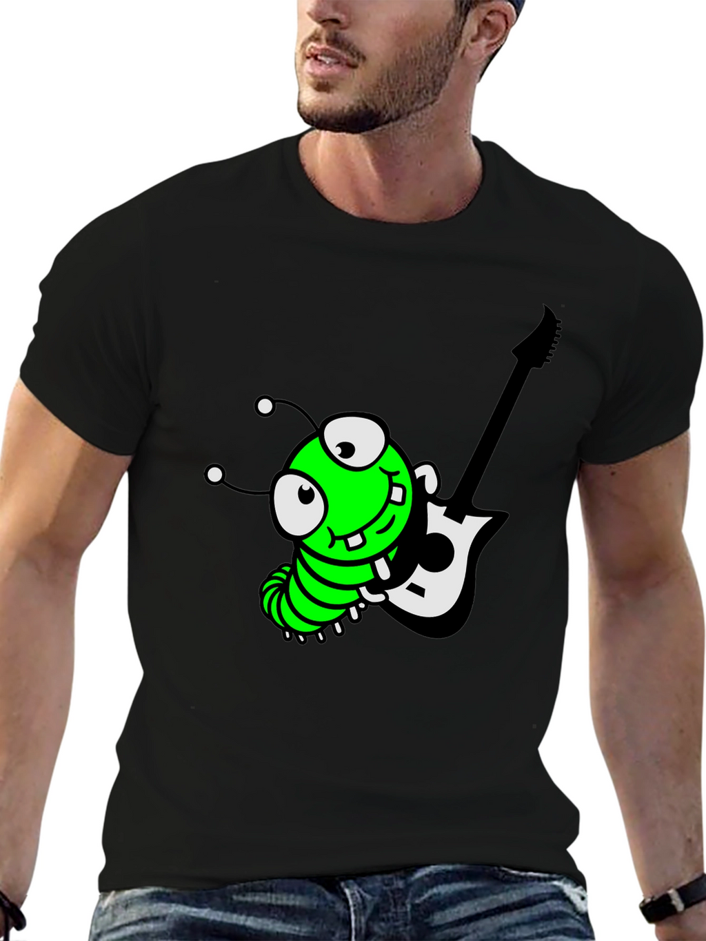 Cartoon Caterpillar Guitarist Graphic Tee