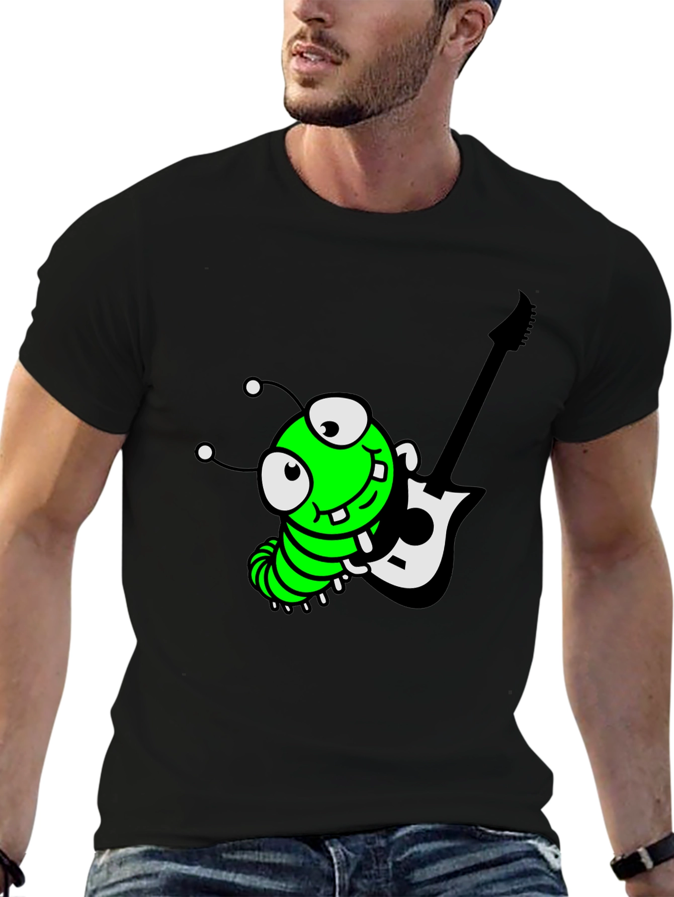 Cartoon Caterpillar Guitarist Graphic Tee