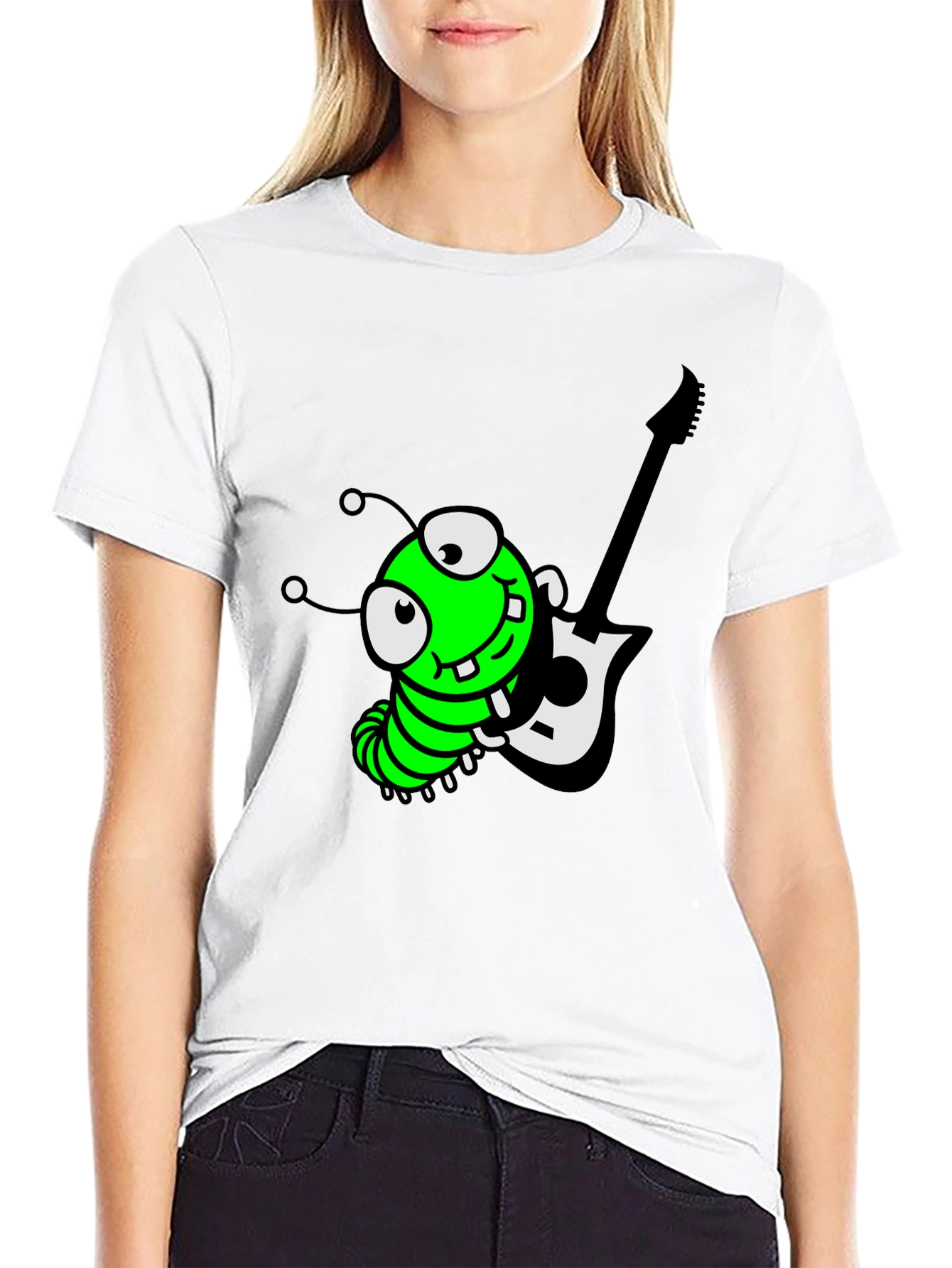 Cartoon Caterpillar Guitarist Graphic Tee