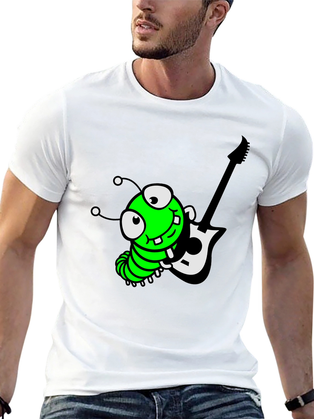 Cartoon Caterpillar Guitarist Graphic Tee