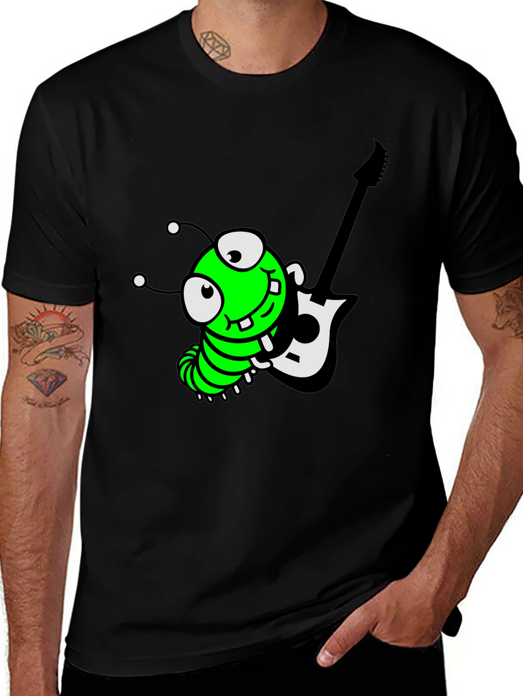 Cartoon Caterpillar Guitarist Graphic Tee