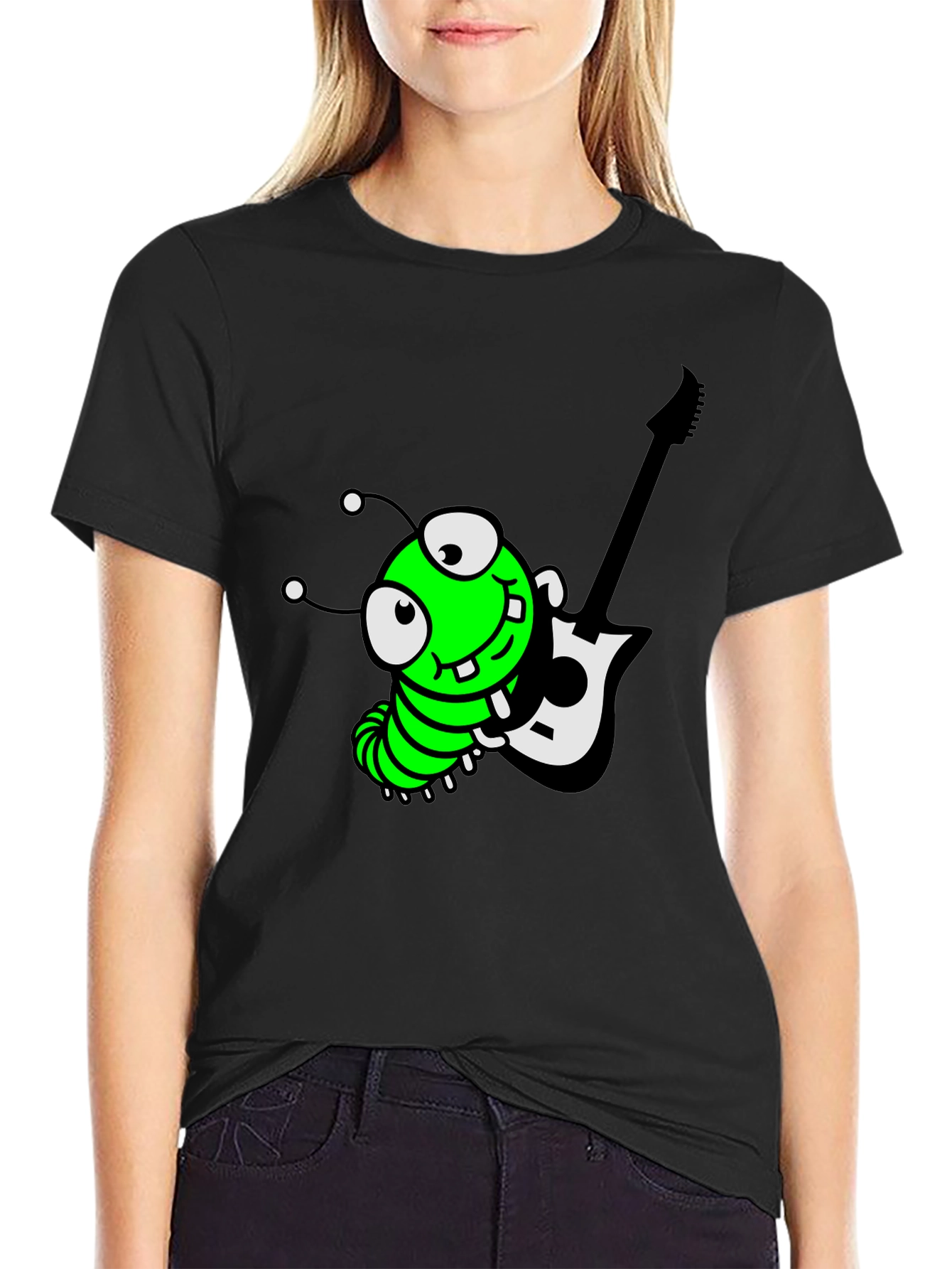 Cartoon Caterpillar Guitarist Graphic Tee