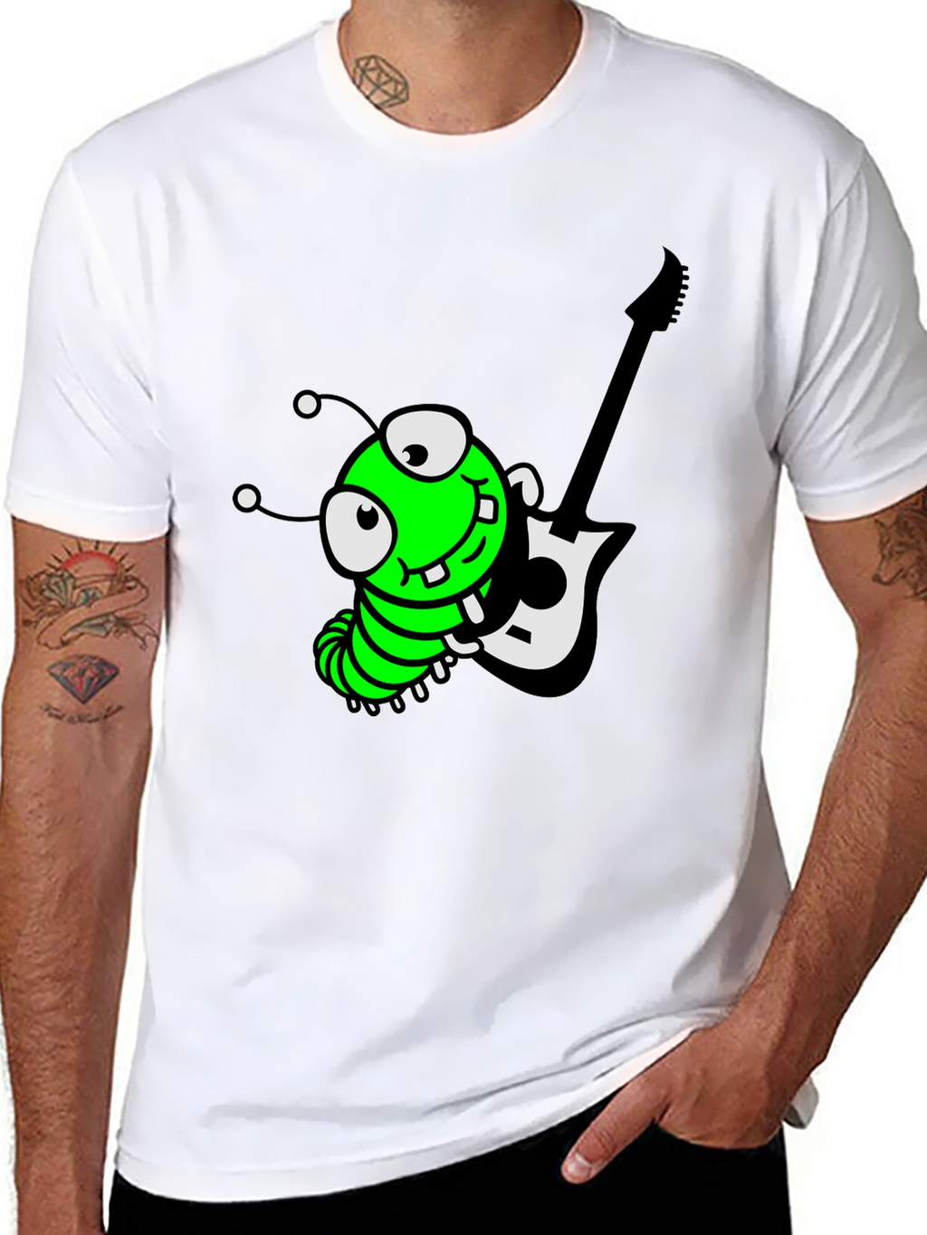 Cartoon Caterpillar Guitarist Graphic Tee