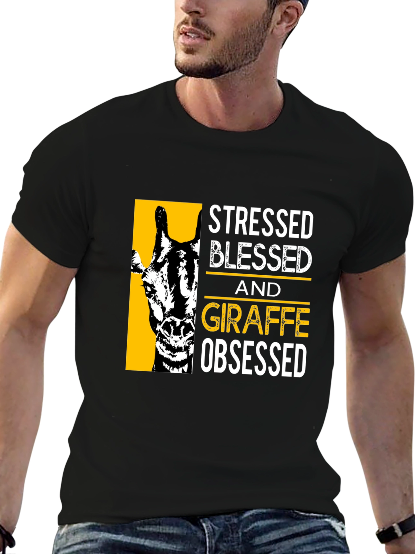 Stressed Blessed Giraffe Obsessed Black T-Shirt