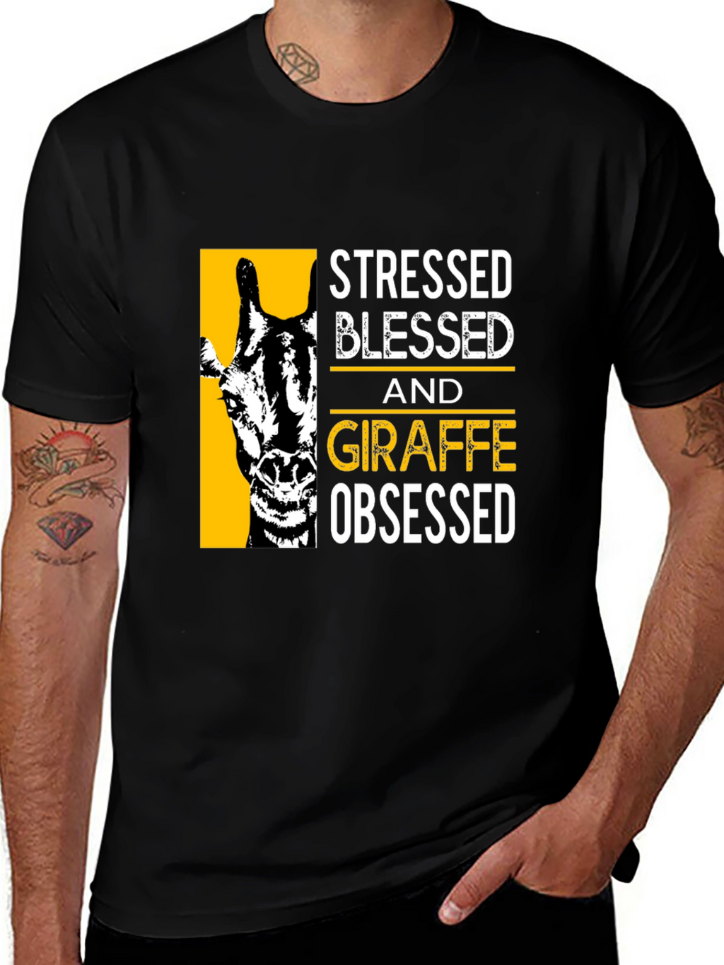 Stressed Blessed Giraffe Obsessed Black T-Shirt