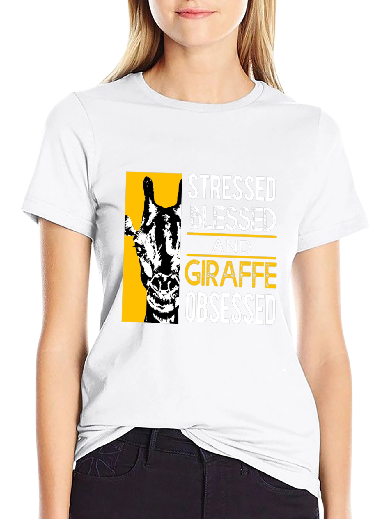 Stressed Blessed Giraffe Obsessed Black T-Shirt