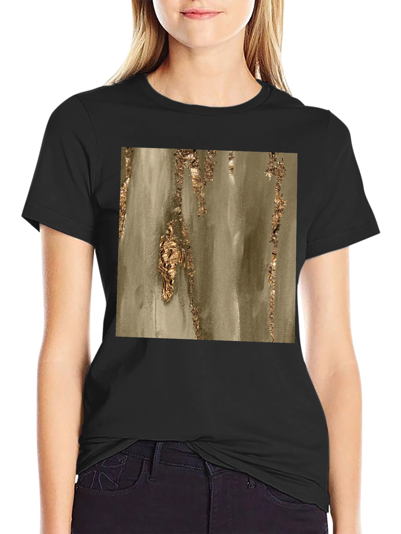 Abstract Gold Foil Print Black T-Shirt
