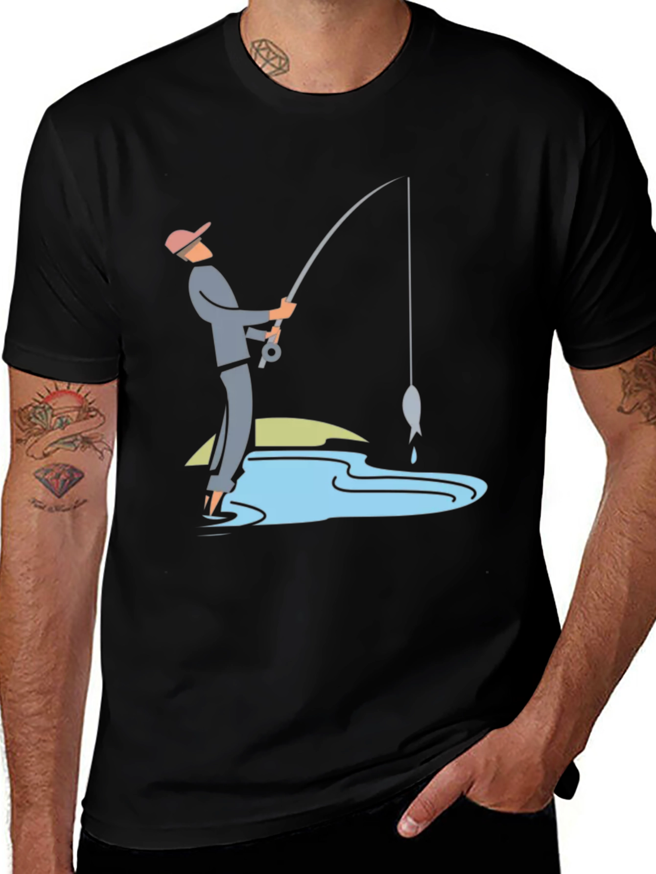 Fishing Graphic Tee - Black Cotton Casual Shirt