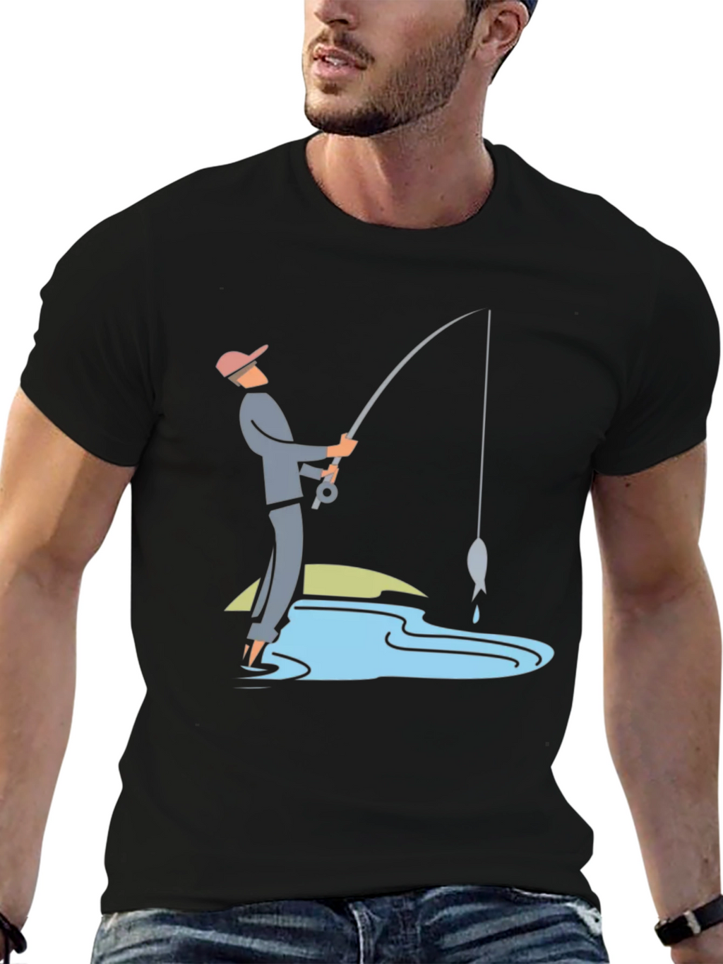 Fishing Graphic Tee - Black Cotton Casual Shirt