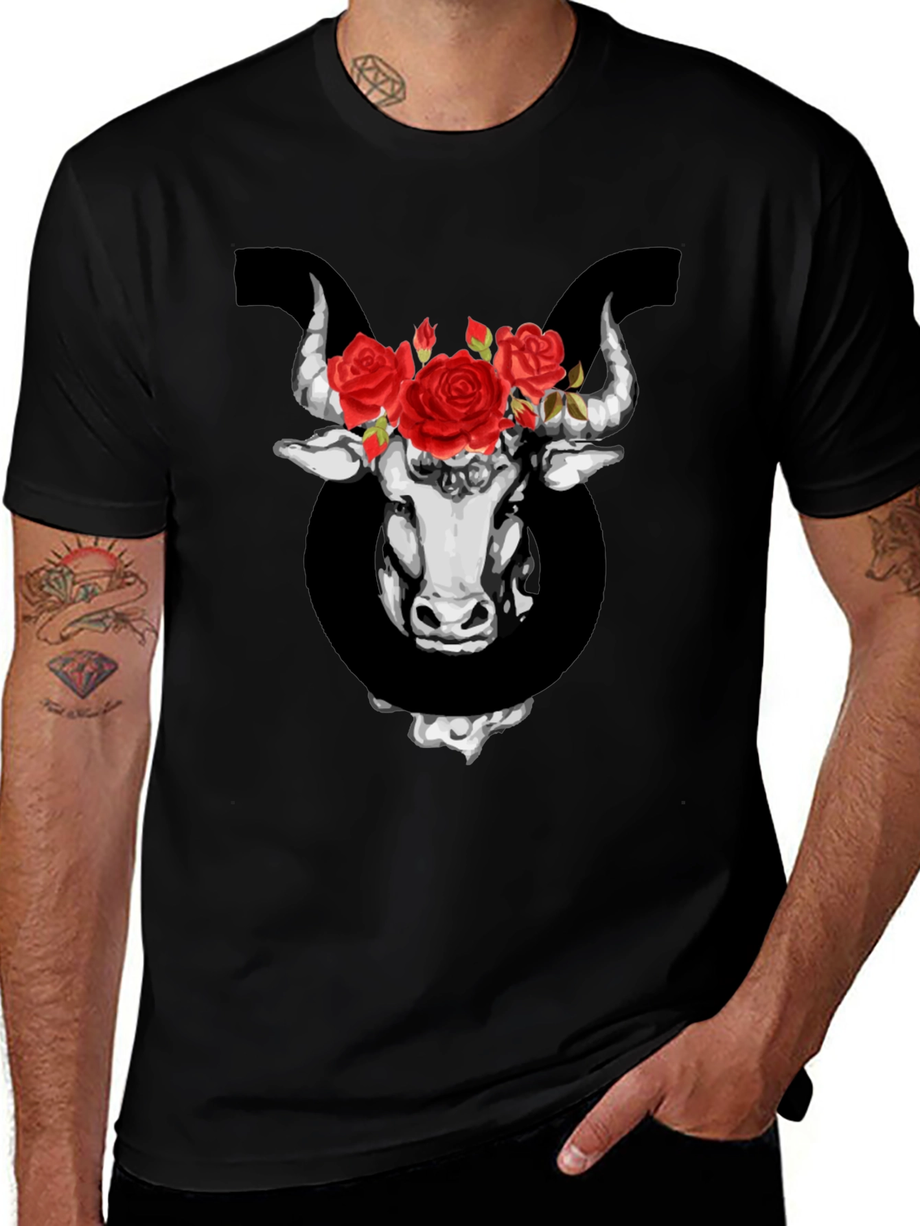 Taurus Zodiac Bull with Roses Graphic T-Shirt