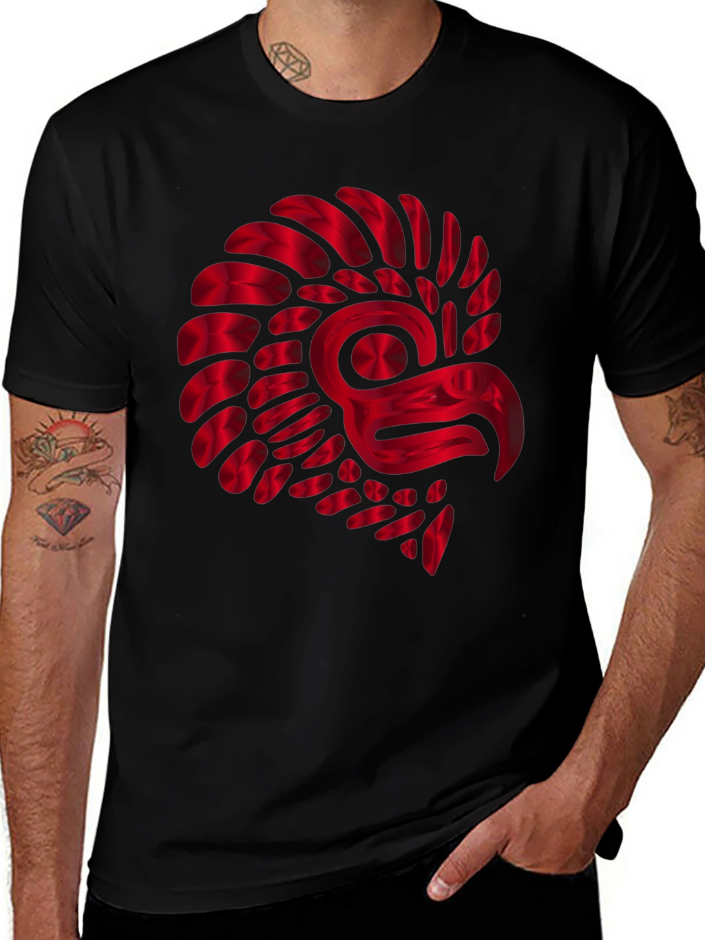 Red Metallic Eagle Design Black T-Shirt