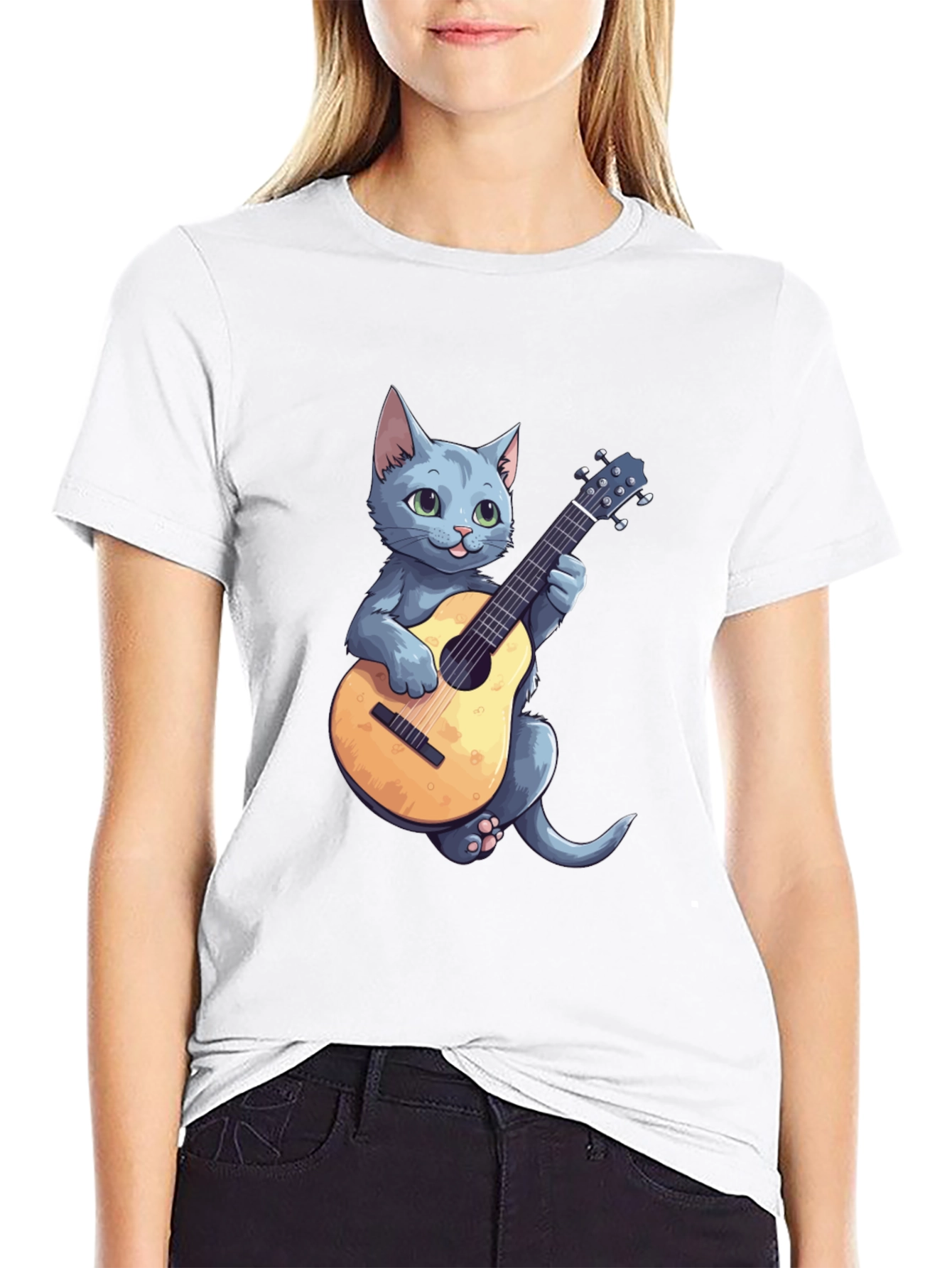 Cat Playing Guitar Graphic Tee - Black