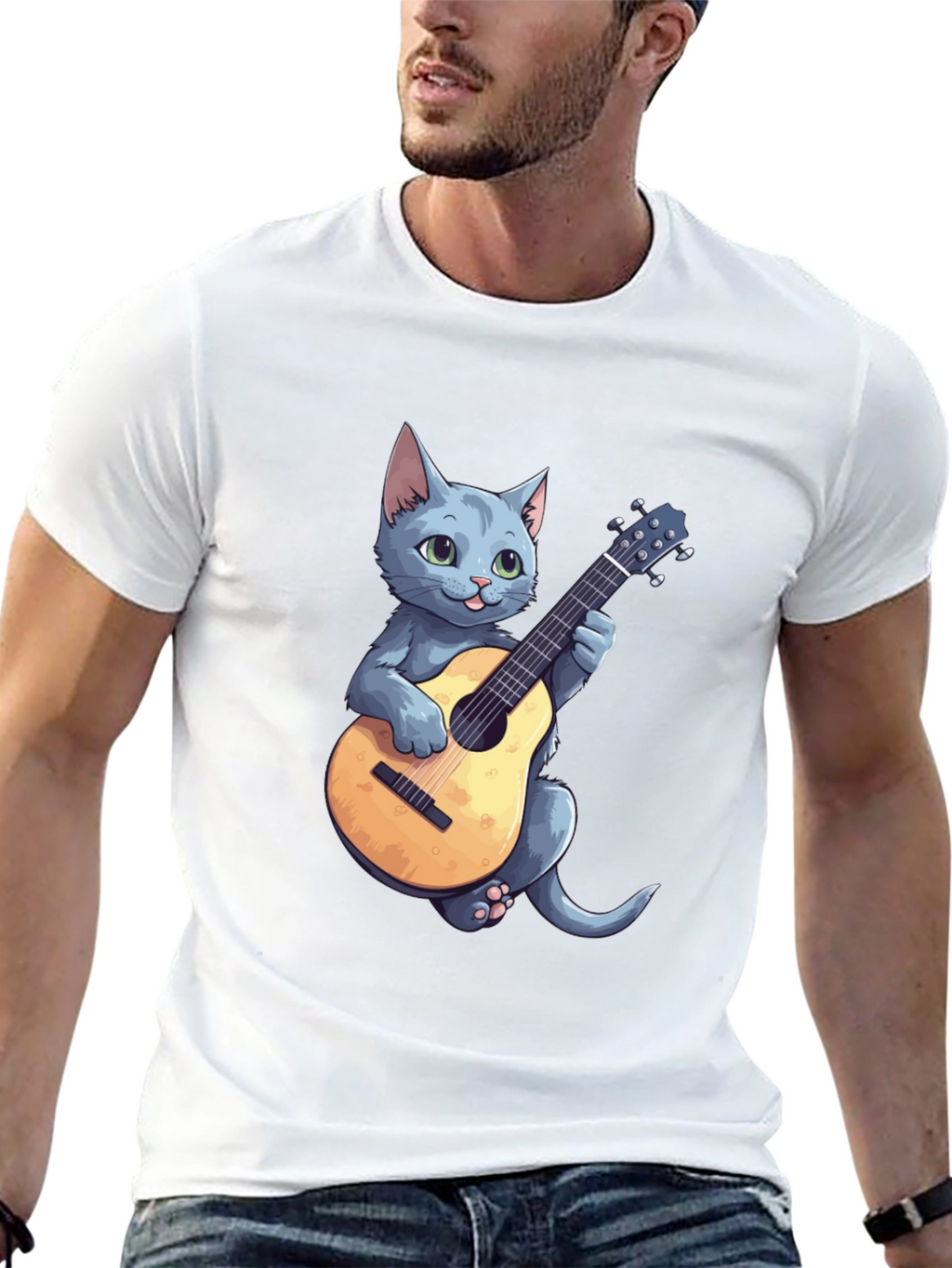 Cat Playing Guitar Graphic Tee - Black