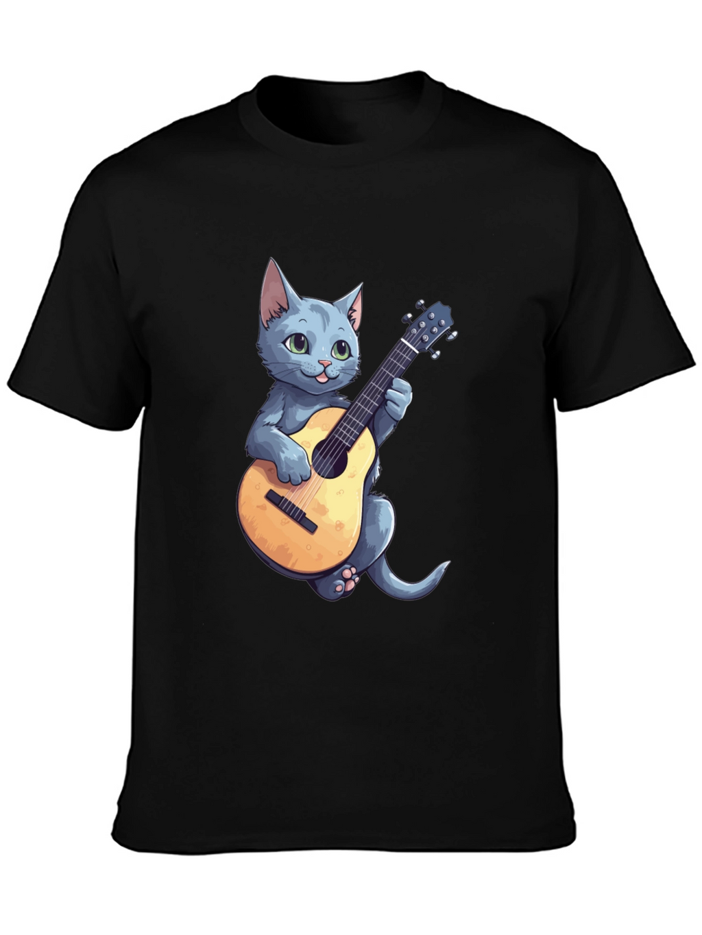 Cat Playing Guitar Graphic Tee - Black