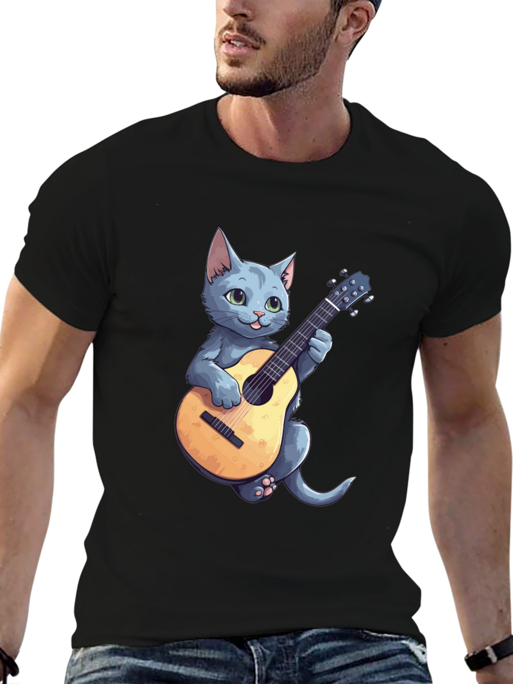Cat Playing Guitar Graphic Tee - Black