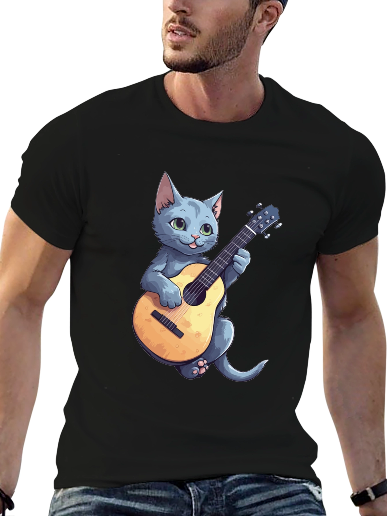 Cat Playing Guitar Graphic Tee - Black