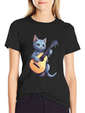 Cat Playing Guitar Graphic Tee - Black