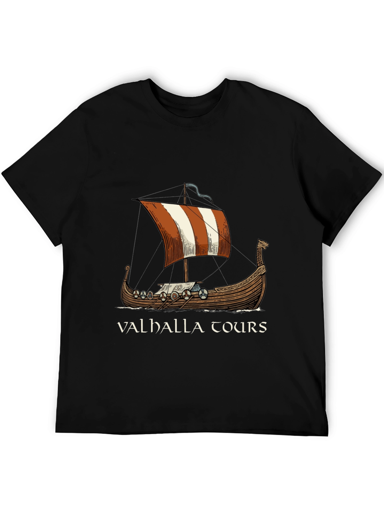 Valhalla Tours Viking Ship Graphic Tee - Black Cotton T-Shirt