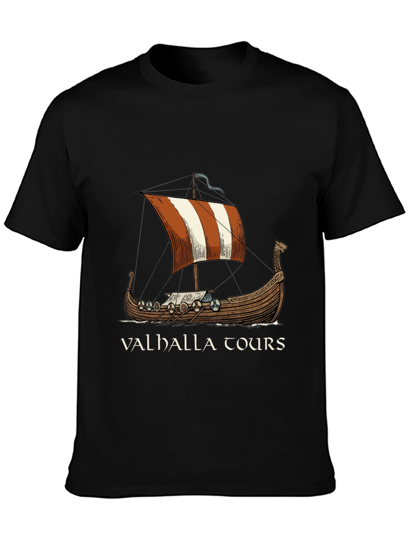 Valhalla Tours Viking Ship Graphic Tee - Black Cotton T-Shirt