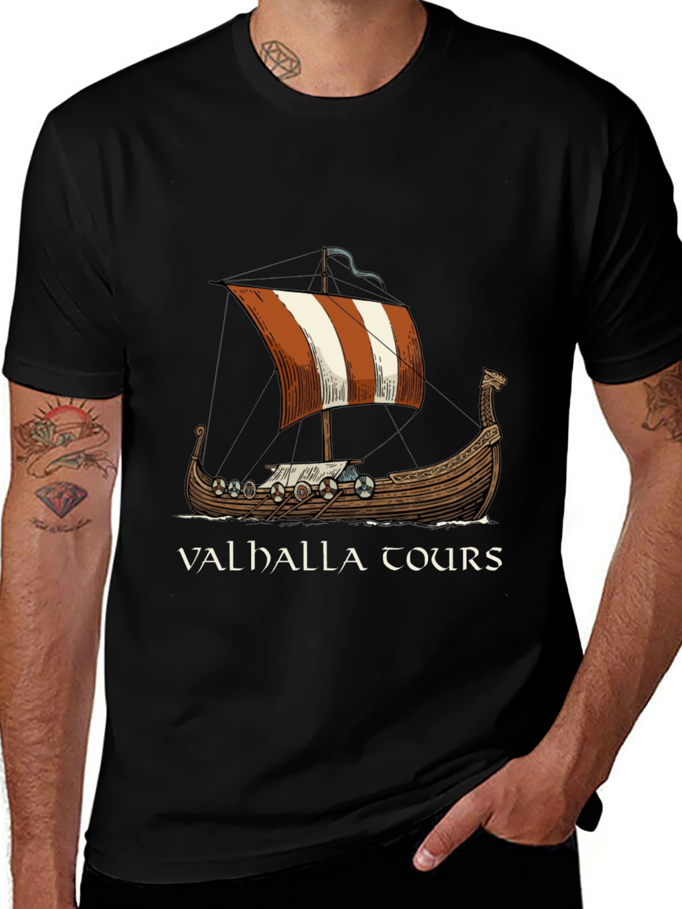 Valhalla Tours Viking Ship Graphic Tee - Black Cotton T-Shirt