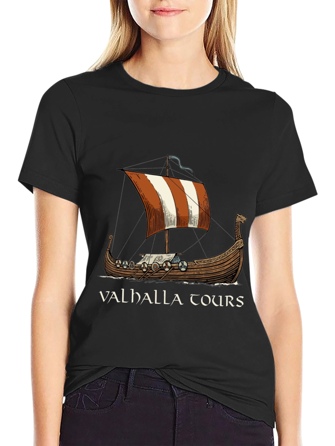 Valhalla Tours Viking Ship Graphic Tee - Black Cotton T-Shirt