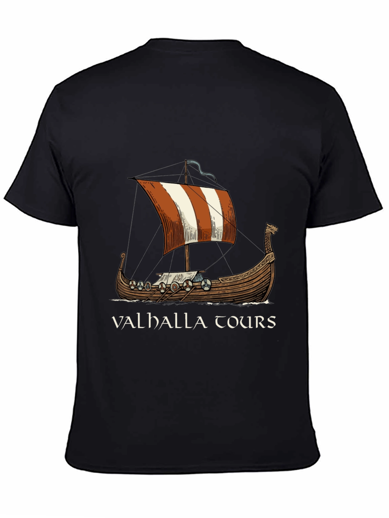 Valhalla Tours Viking Ship Graphic Tee - Black Cotton T-Shirt