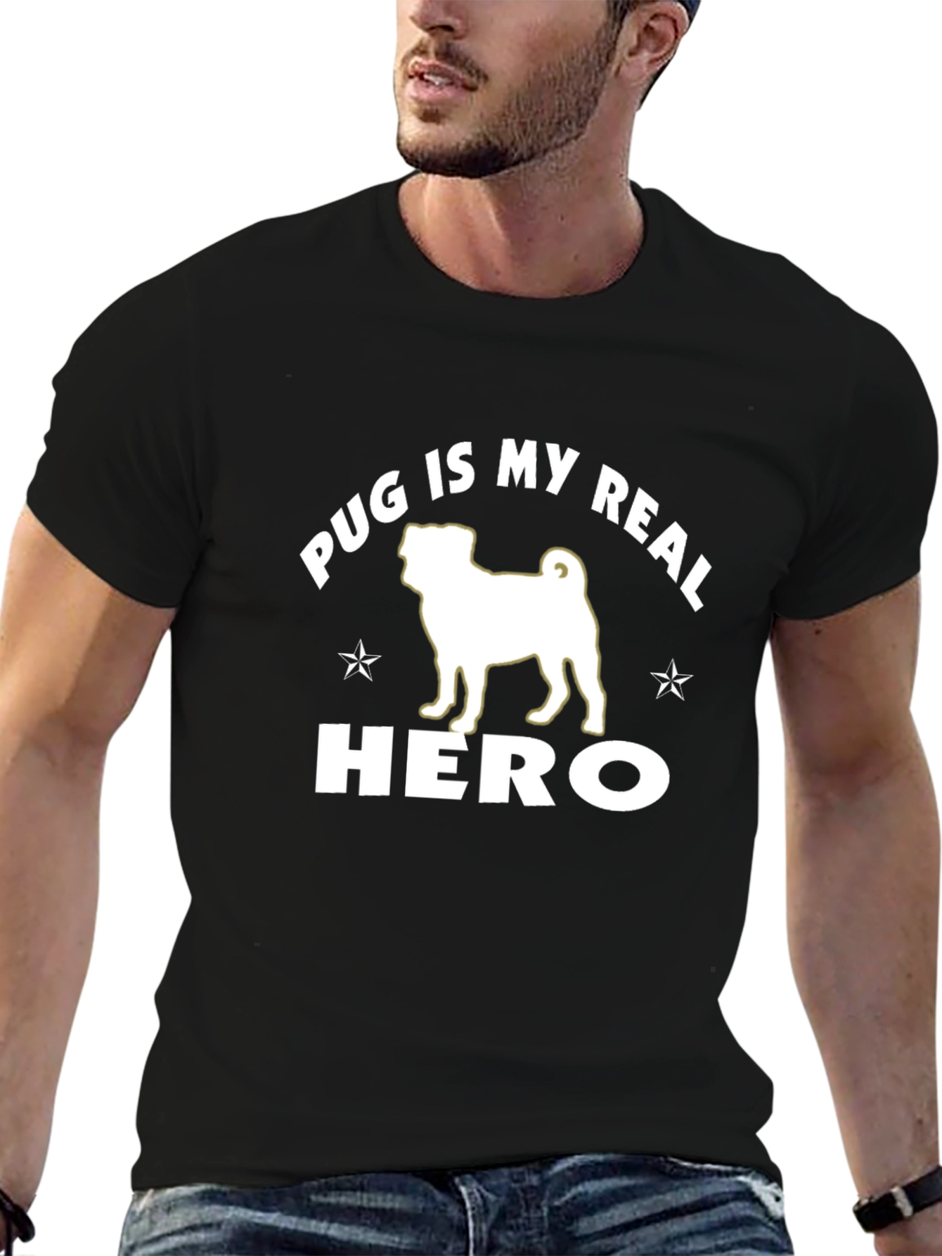 Pug Is My Real Hero Black Graphic T-Shirt