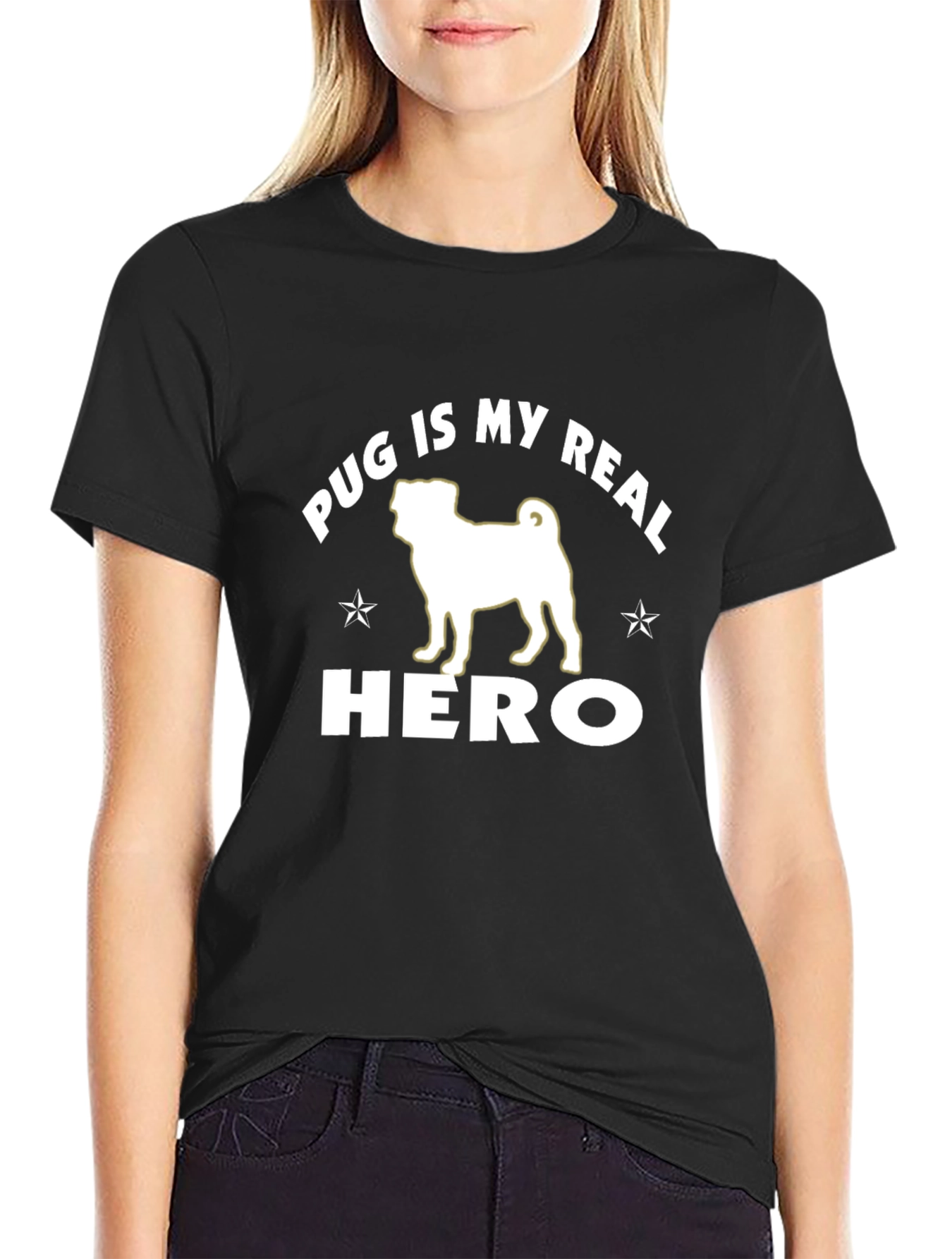 Pug Is My Real Hero Black Graphic T-Shirt