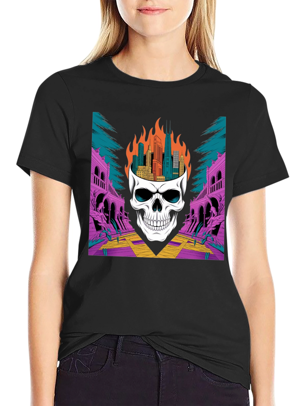 Skull Cityscape Graphic Tee - Edgy Streetwear