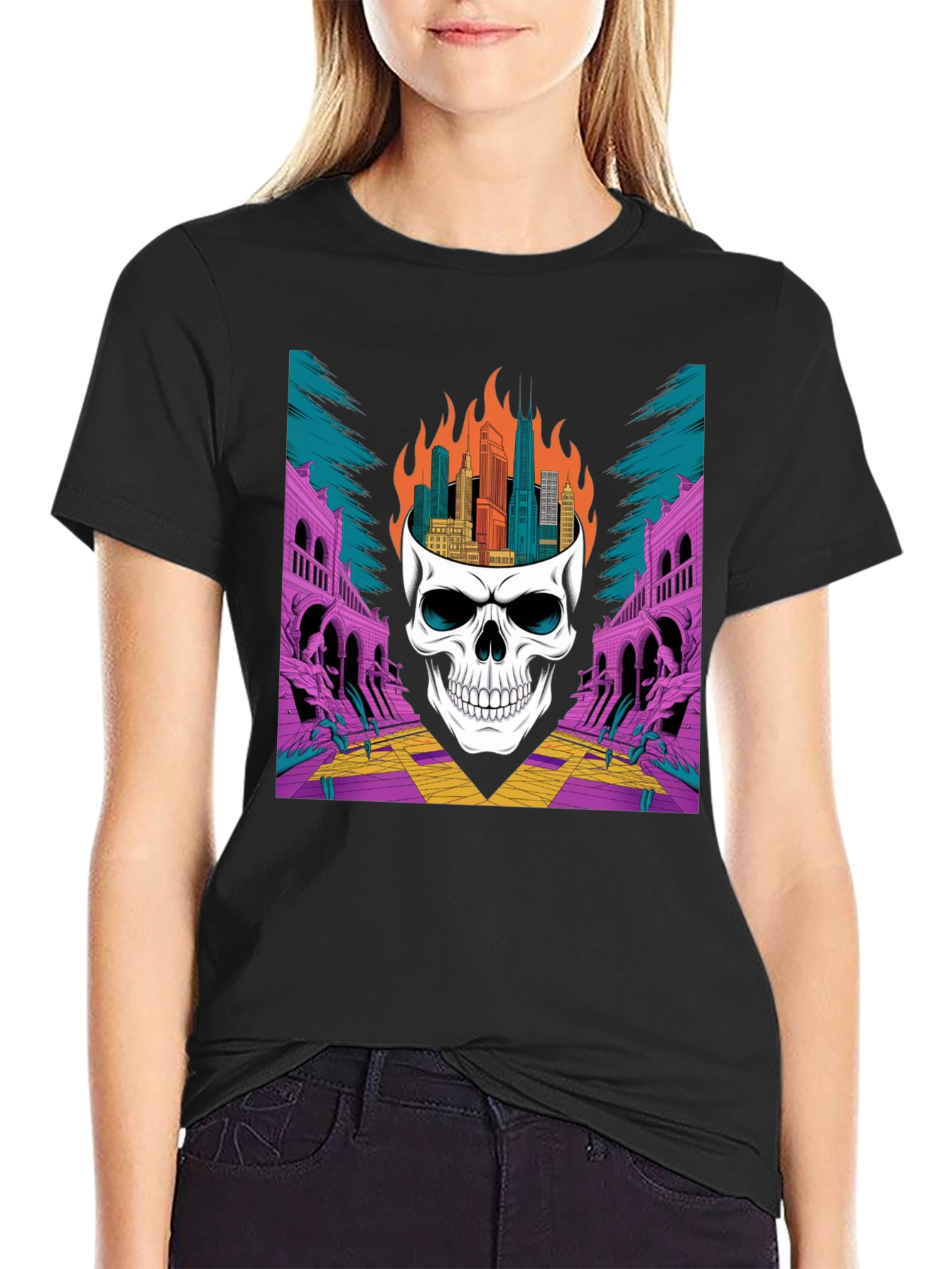 Skull Cityscape Graphic Tee - Edgy Streetwear