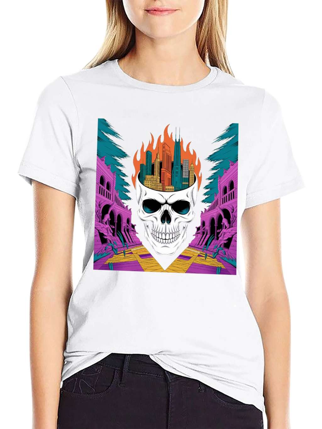 Skull Cityscape Graphic Tee - Edgy Streetwear
